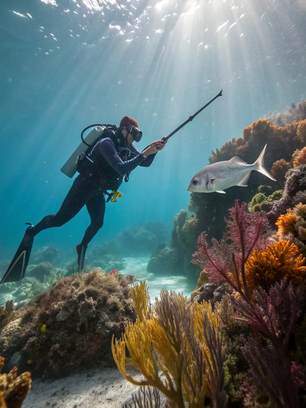 An underwater scene depicting various fish species swimming around treasure chests and coral reefs, with a focus on the aiming reticle of a fishing game, illustrating the interactive fishing games available on ATMJILI.