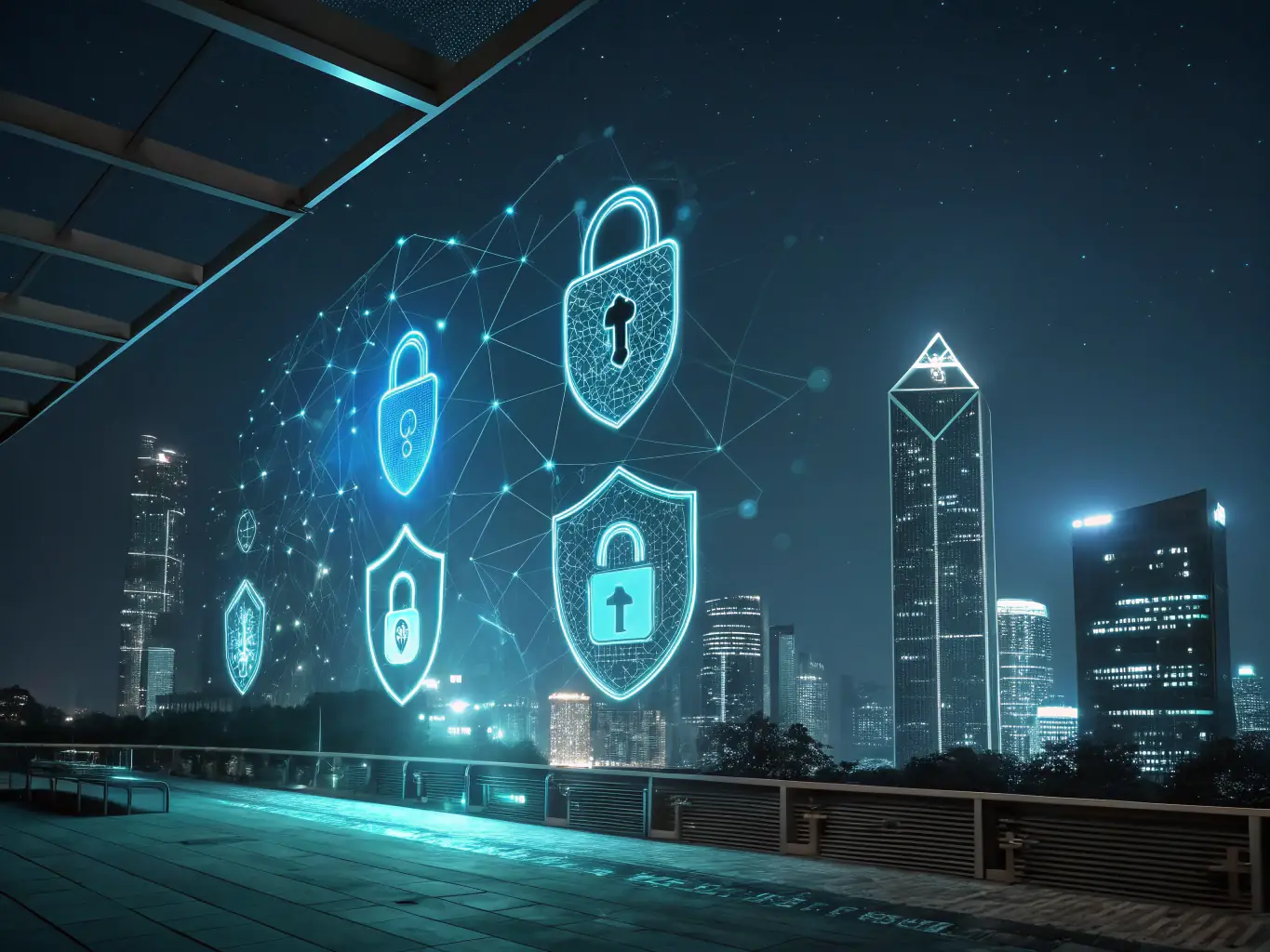 A graphic showing a network of interconnected nodes with a central firewall, representing ATMJILI's robust network security infrastructure. The image should convey a sense of impenetrable protection and constant monitoring.