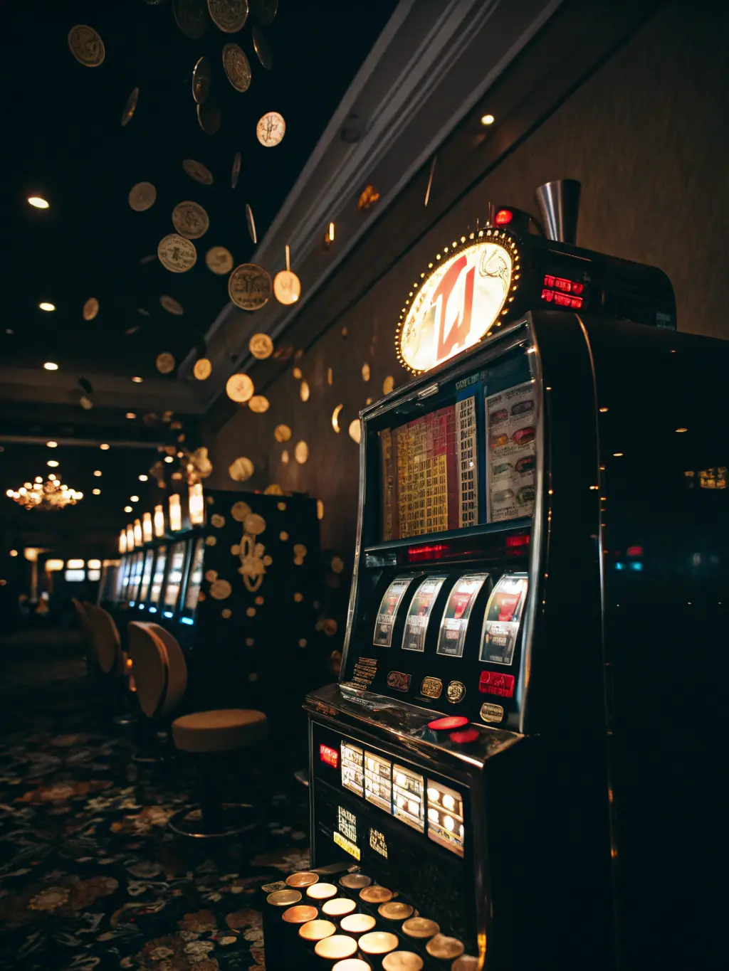 A vibrant and colorful image of a slot machine interface with various symbols like fruits, gems, and lucky sevens, set against a blurred background of a bustling casino floor, representing the excitement of slot games on ATMJILI.