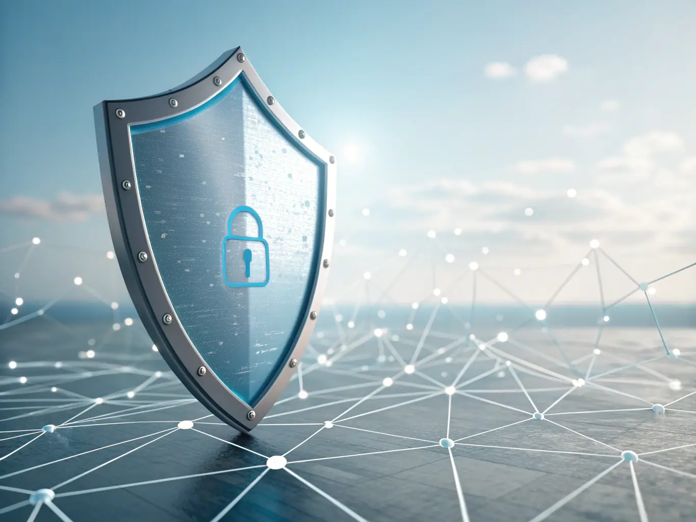 A digital illustration depicting a shield with a lock icon inside, symbolizing data protection and security. The background features abstract digital patterns, representing encryption and secure network connections, suitable for illustrating ATMJILI's security measures.