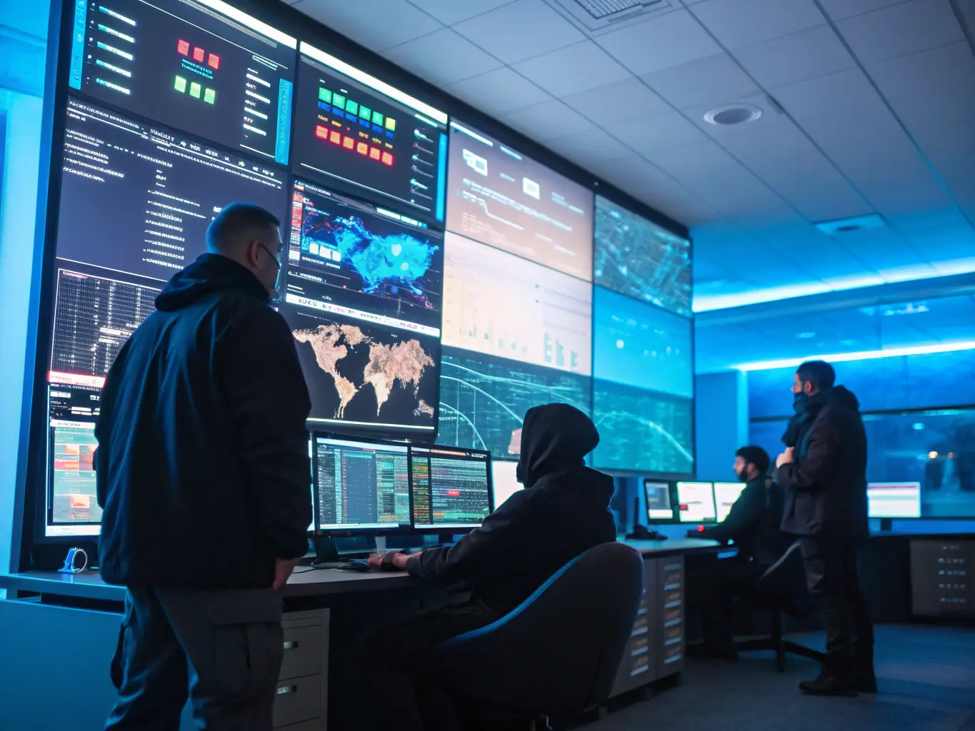 An image of a security operations center with multiple screens displaying real-time security data and alerts. Security personnel are shown monitoring the systems, emphasizing ATMJILI's commitment to continuous security surveillance.